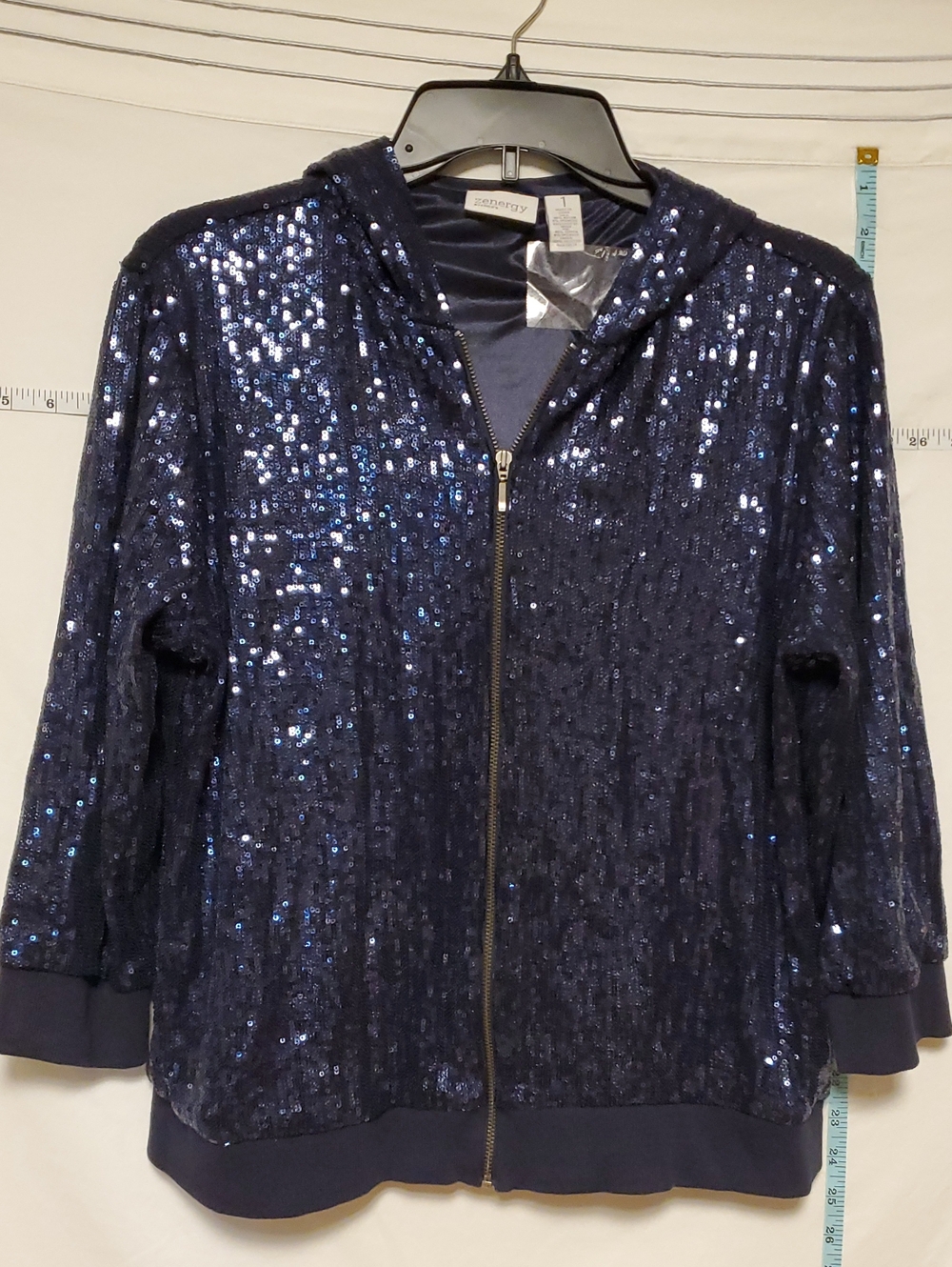 Chico's Zenergy Navy Sequin Zip-Up Hooded Bomber Jacket Med Rave Costume